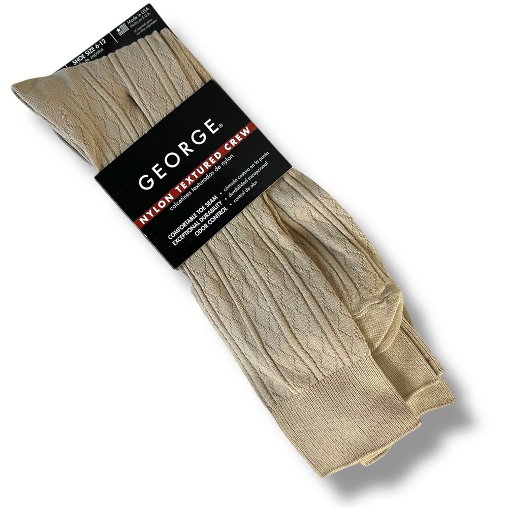 NWT Men's George Nylon Textured Crew Socks Shoe 6-12‎ Sesame Seed 3 Pair